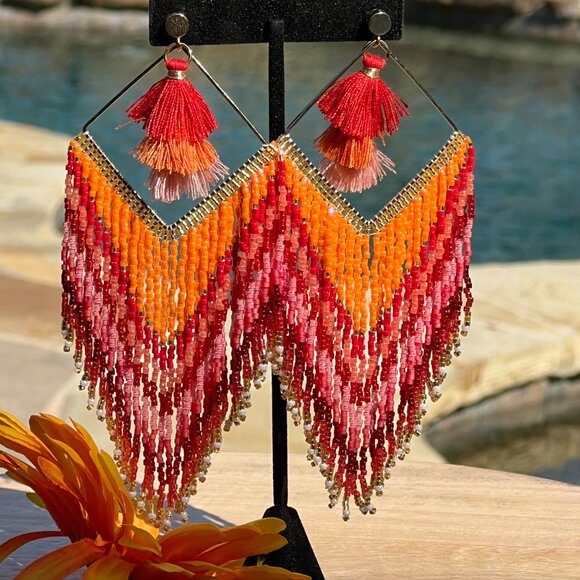 Handmade Beaded Long Tassel Fringe Dangle Drop Bohemian Post Diamond Earrings - Picture 8 of 9